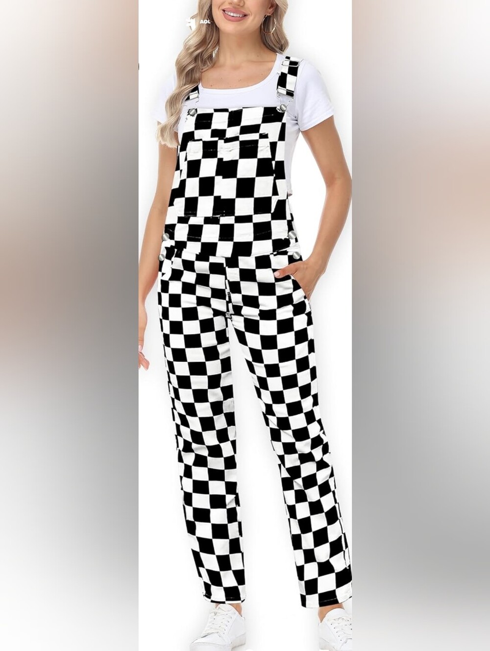 Black & White Checkerboard Denim Overalls Size Large